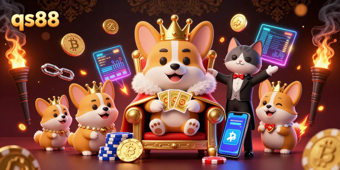 Experience the thrilling atmosphere of qs88 with a royal corgi and cat butler in a vibrant casino scene.