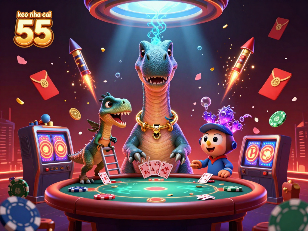 Engage with keo nha cai 55 in a vibrant casino scene featuring a towering brontosaurus and raptor dealer.