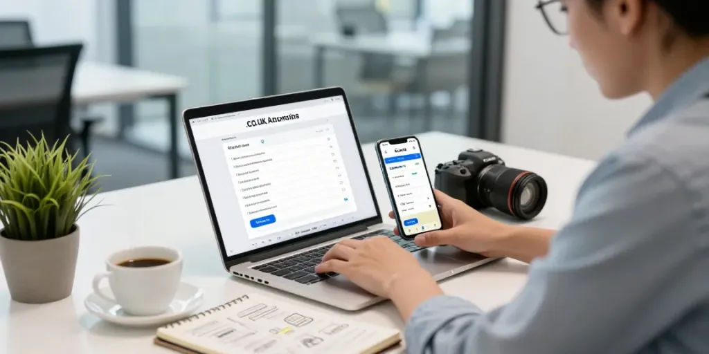 Focused professional exploring .co.uk domain registration options in a modern office.