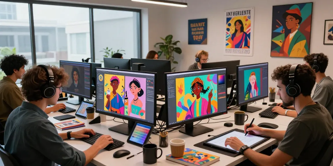 Collaborative NSFW AI character design studio with artists creating vibrant digital art.