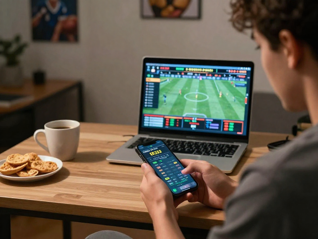 Player using EK333 app for online betting in a cozy home office setting.