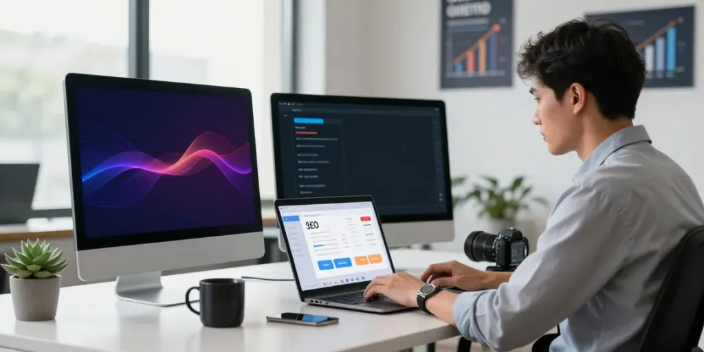 Digital marketing professional analyzing instant indexing metrics in a modern office.