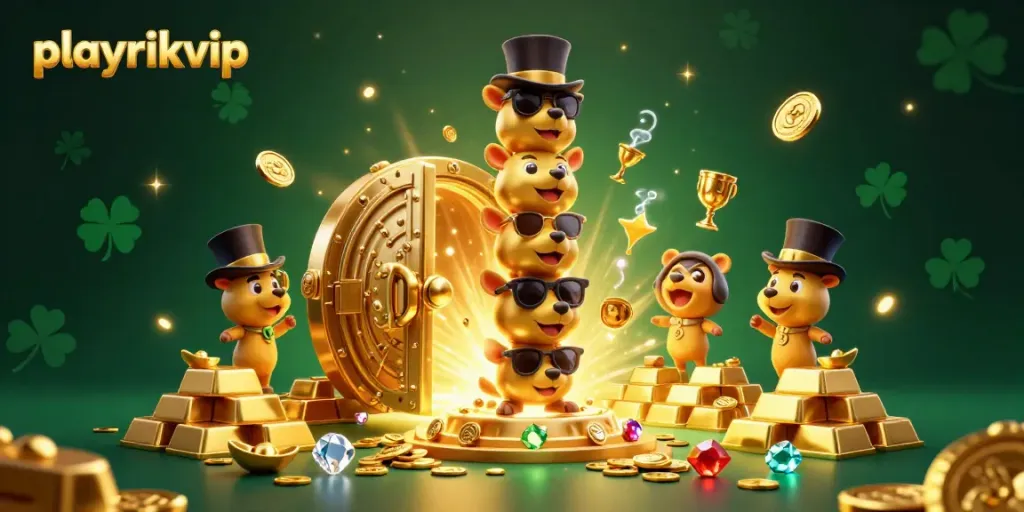 Experience the excitement of playrikvip with vibrant 3D casino-themed illustration showcasing a totem pole and treasure vault.