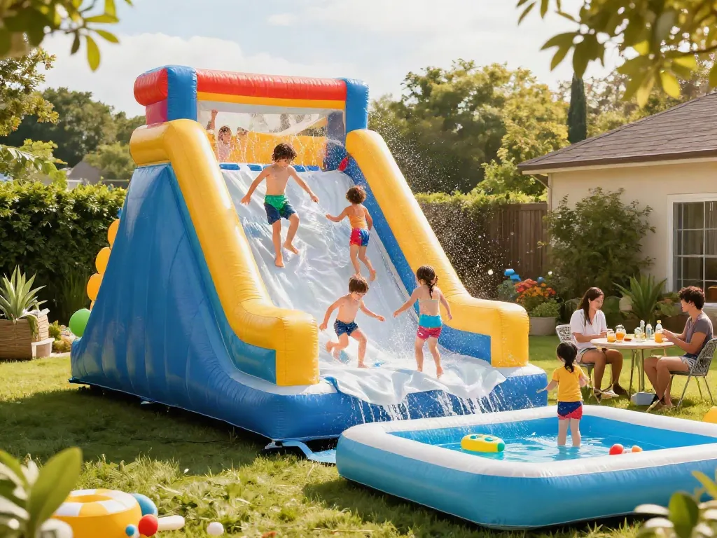 Children enjoying a vibrant inflatable water slide on a sunny day.