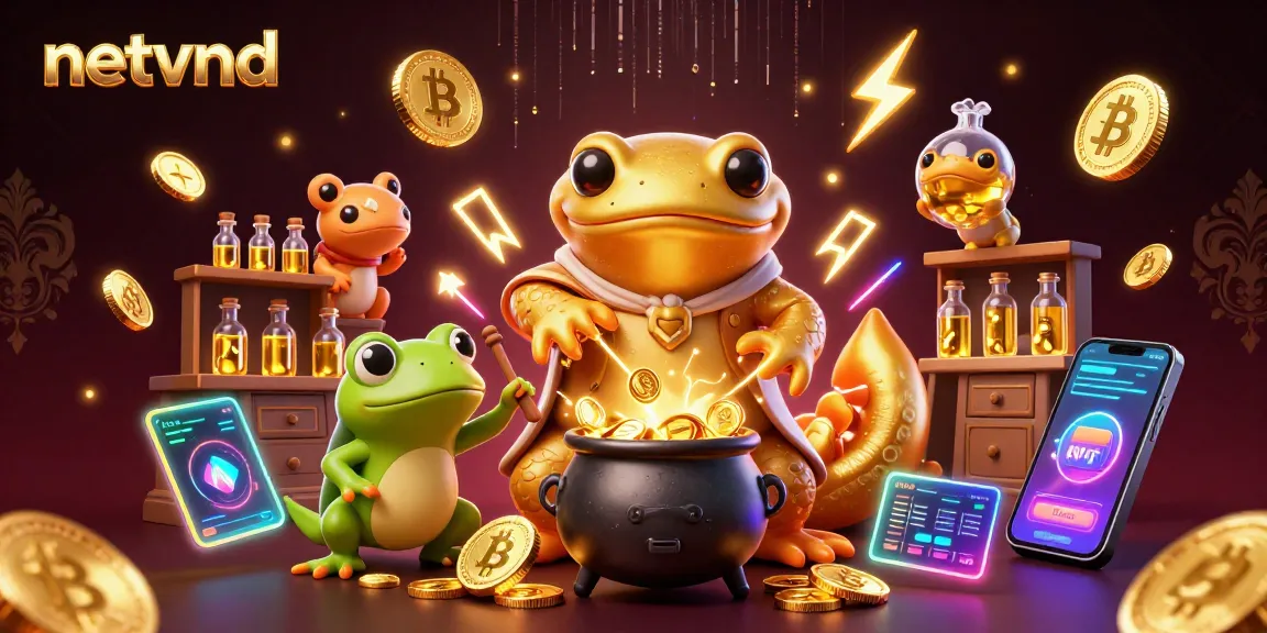 Engage with netvnd's vibrant 3D fantasy scene showcasing an alchemist transforming metals into gold, surrounded by crypto elements.