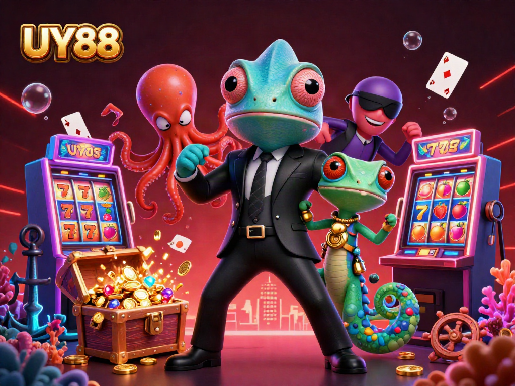 Experience the excitement of UY88 casino with vibrant characters, dynamic slot machines, and vibrant game elements.