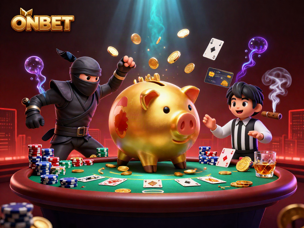 Experience rich poker action with ONBET's vibrant characters amidst golden coins and colorful chips.