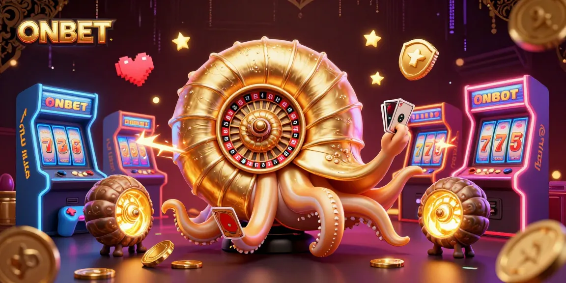 Experience the vibrant ONBET casino world with a giant nautilus and glowing arcade machines.