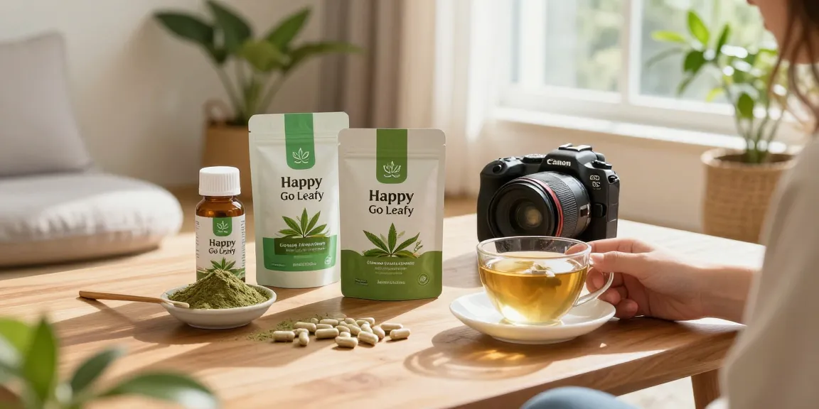Happy Go Leafy brand showcasing Green Maeng Da Kratom tea in a cozy wellness setting with natural products.