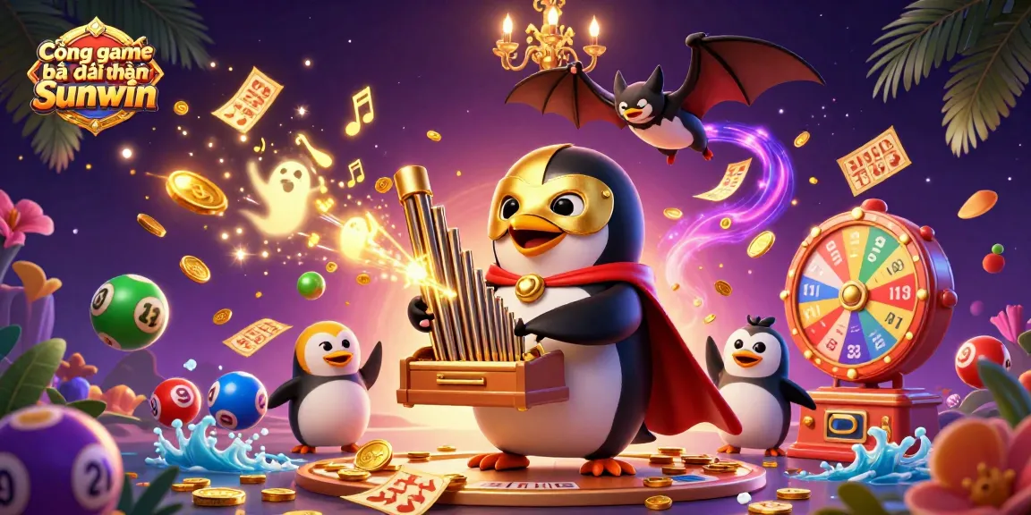 Cổng game bài đổi thưởng Sunwin features a penguin playing an organ amidst colorful lottery elements, showcasing vibrant gaming excitement.