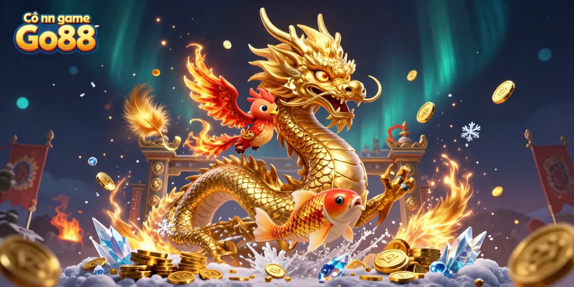Experience the excitement of Cổng game Go88 with vibrant casino elements, dragon, and phoenix.