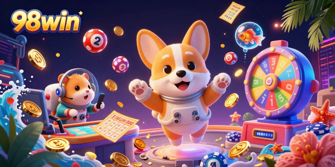 Experience thrilling 98win gameplay in a vibrant cosmic casino with floating elements.