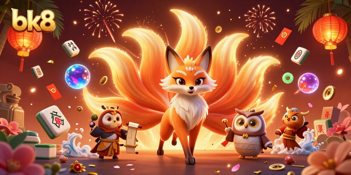 Experience the excitement at bk8 with vibrant casino elements, featuring a glowing nine-tailed fox spirit and a wise owl sage.
