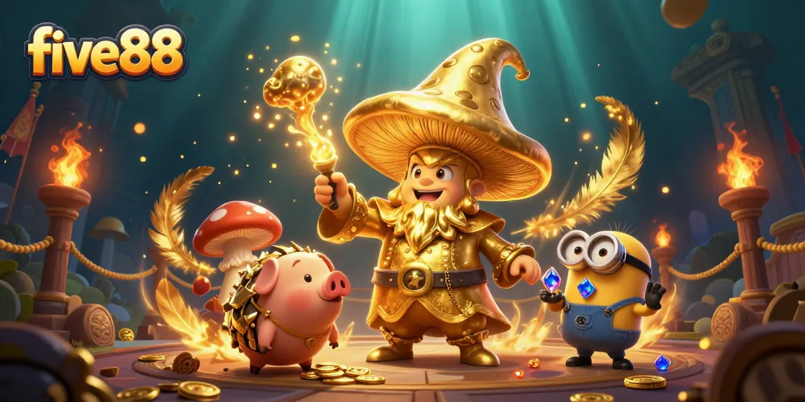 Join the action at five88 with a golden wizard and treasure-hunting truffle pig in a vibrant gambling arena.