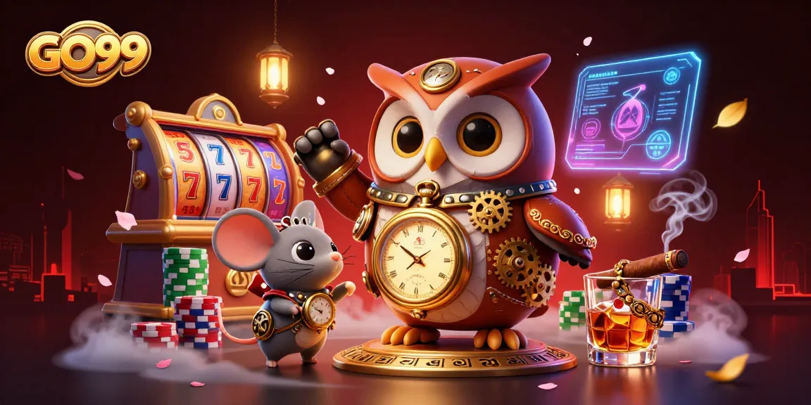 Experience the thrilling atmosphere of GO99 as a steampunk time-traveler owl navigates a vibrant casino scene filled with games.