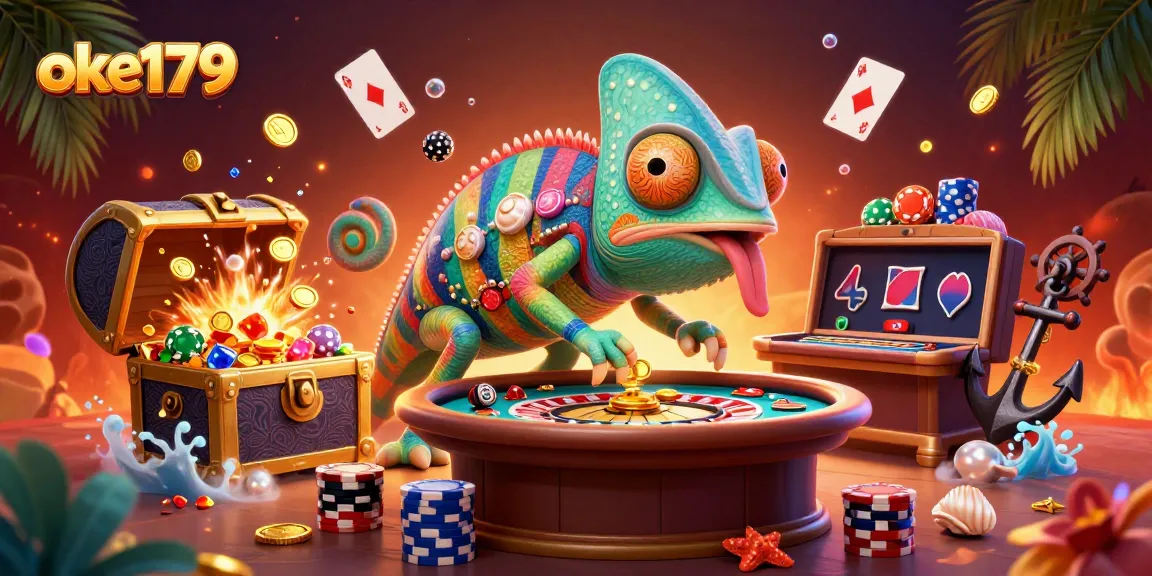Bet big with oke179's vibrant casino illustration featuring a chameleon owner and dynamic game elements.