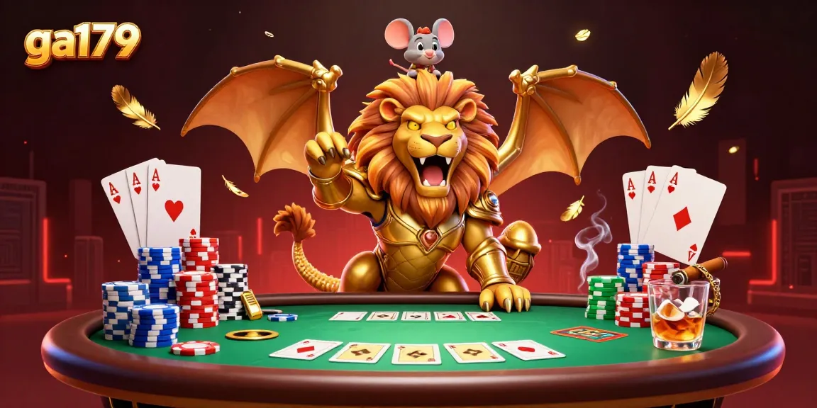 Engaging ga179 scene featuring a 3D chimera creature with poker elements for thrilling gameplay.