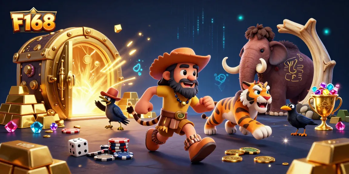 Experience the thrilling F168 casino adventure with 3D characters amid glowing treasures and vibrant elements.
