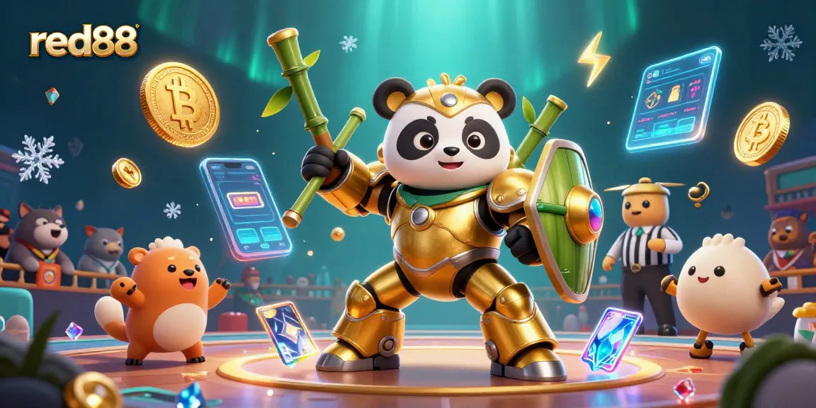 Engage with the red88 casino experience featuring an exhilarating mech battle scene and crypto elements.