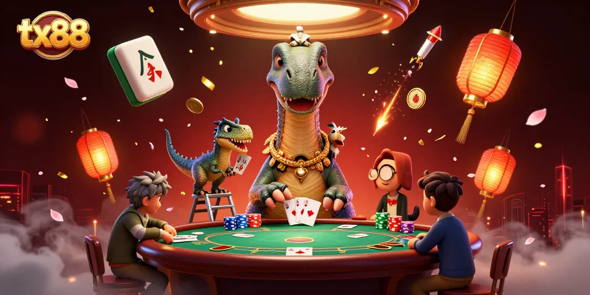Engage with casino excitement at tx88 featuring a towering brontosaurus and card-dealing raptor.
