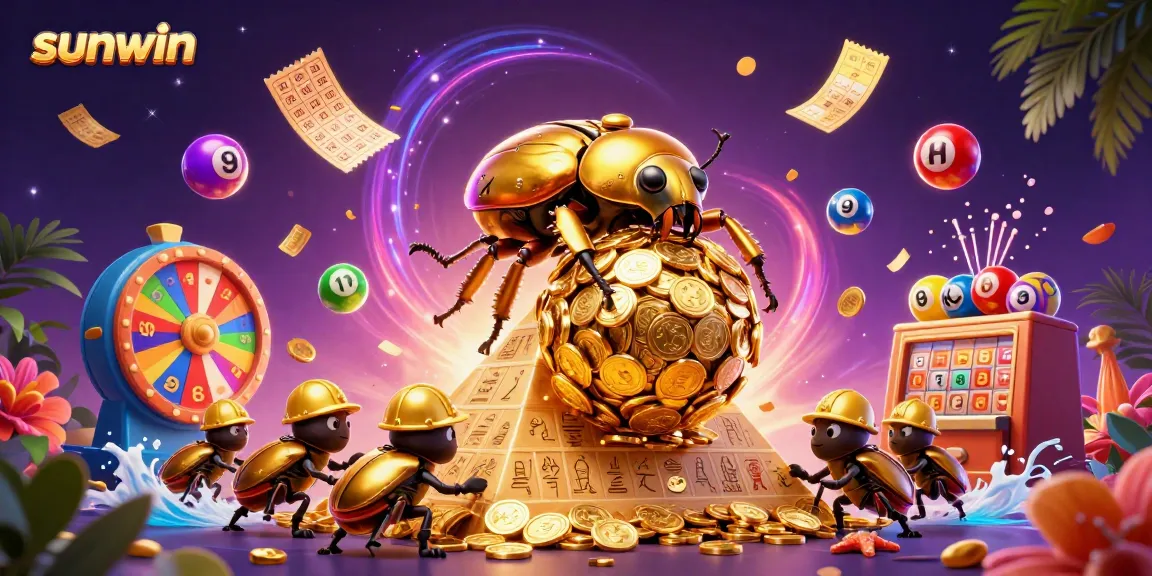Engage with sunwin's vibrant scene of a golden beetle amid lottery excitement and casino symbols.