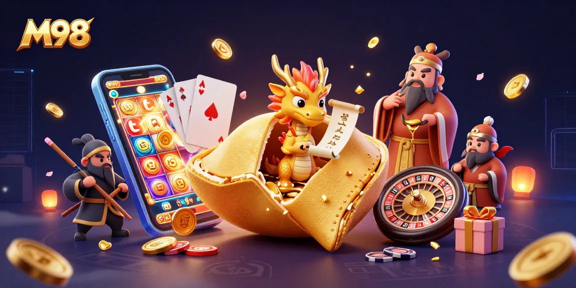 M98 engages players with a vibrant, dynamic scene featuring a golden fortune cookie and illustrating excitement in online gambling.