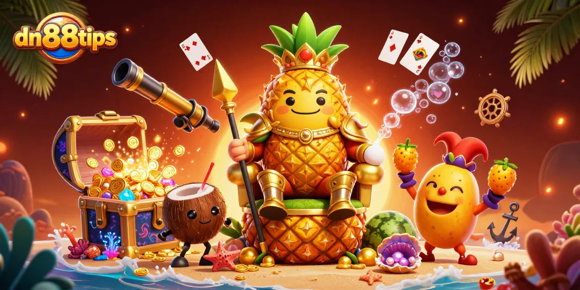 Experience vibrant gaming with dn88tips featuring a golden pineapple king amidst casino treasures.