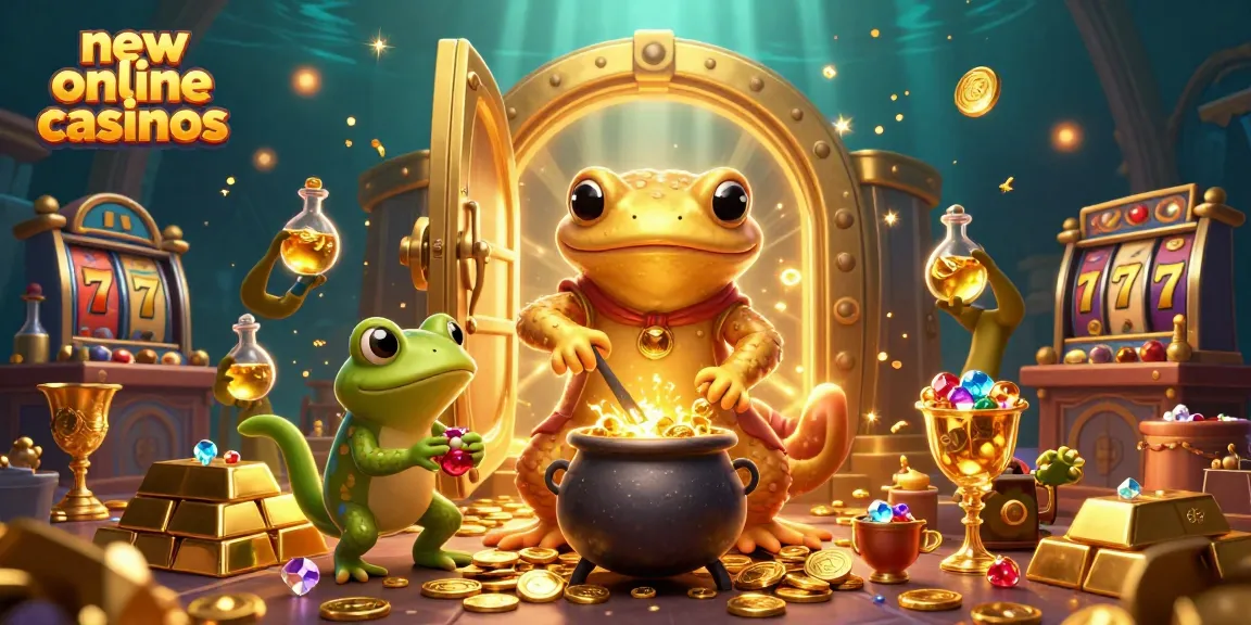 Win real rewards at new online casinos with a 3D illustration of a golden alchemist and treasures.